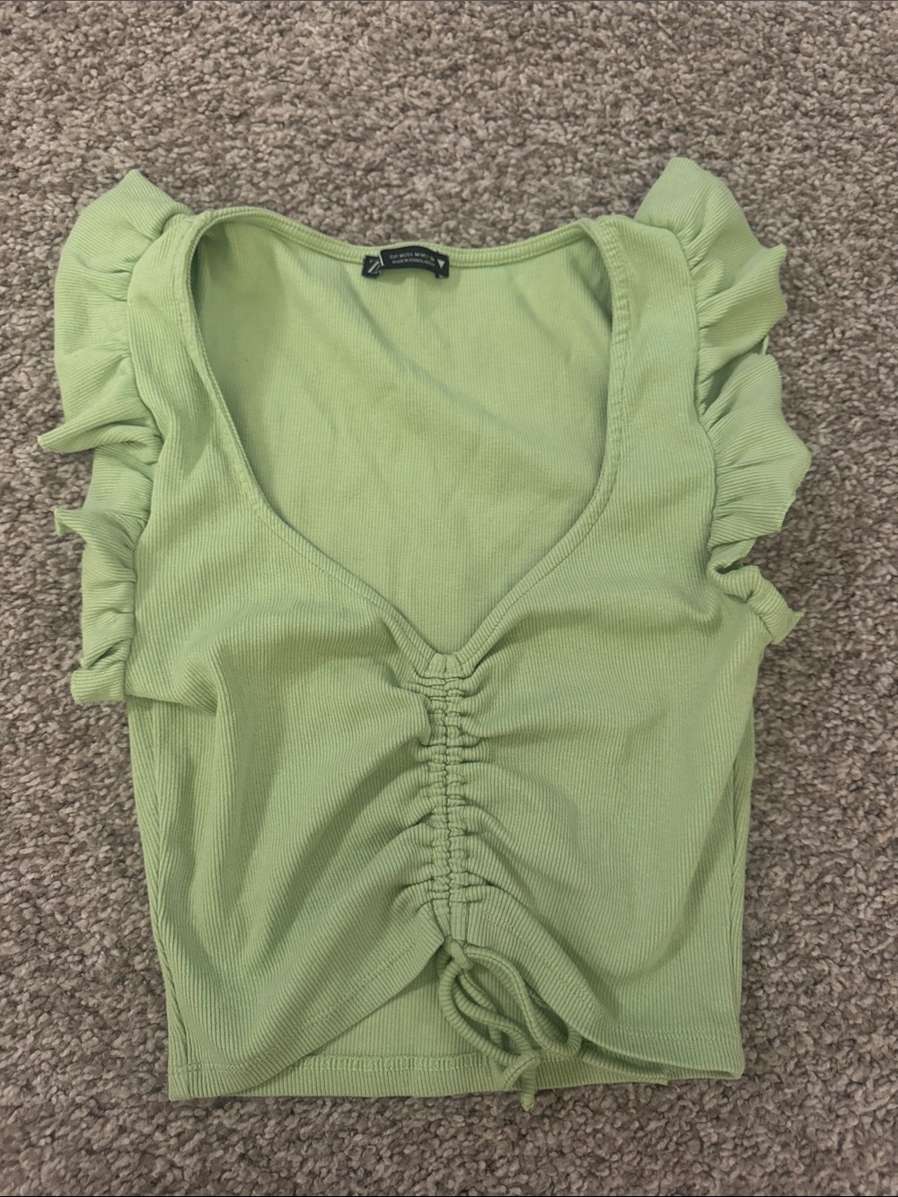 Ribbed Ruched V-Neck Ruffle Sleeve Crop Top - Mint / Light Green
